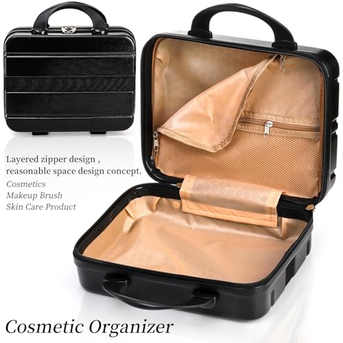 Mini Hard Shell Cosmetic Travel Case, 12 Inch Small Portable Makeup Train Case with Elastic Band Handle, Pressure-proof ABS Carrying Suitcase Toiletry Box for Travel, Camping, Black