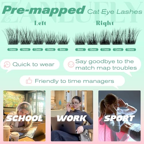 zanlufly Cat Eye Lash Clusters Pre-mapped Eyelash Clusters Wispy Cluster Eyelash Extensions Left Right Individual Lashes Fox Eye Cluster Lashes Light volume Lash Extension (Thin Soft,8-16mm)