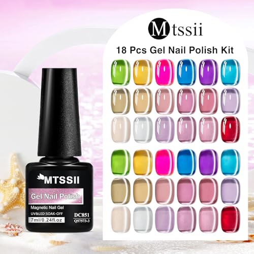 MTSSII Jelly Cat Eye Gel Nail Polish Set 18PCS, Neon Moonlight Glass Crystal Magnetic Gel Polish Pink Purple Red Blue Yellow Colors Nail Polish with Magnet Soak Off UV Art Gift for Women Girls