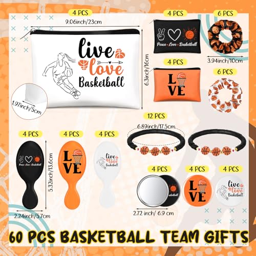 Baderke 60 Pcs Basketball Team Gifts for Women Basketball Party Favors Include Cosmetic Bags Makeup Mirror Hair Scrunchies Detangler Brush Bracelets for Women Players Sports Team Accessories