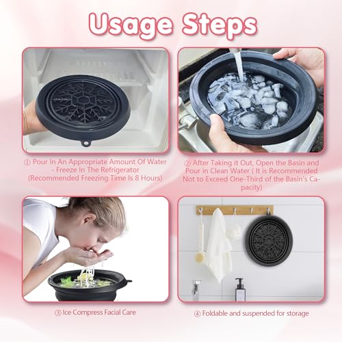 Silicone Face Ice Bath Bowl bowl with Built-In Icetray,Silicone and Foldable Face Tub,Ice Bath Water Chiller,Skin Tightening and Acne Relief for Home & Travel (Pink)