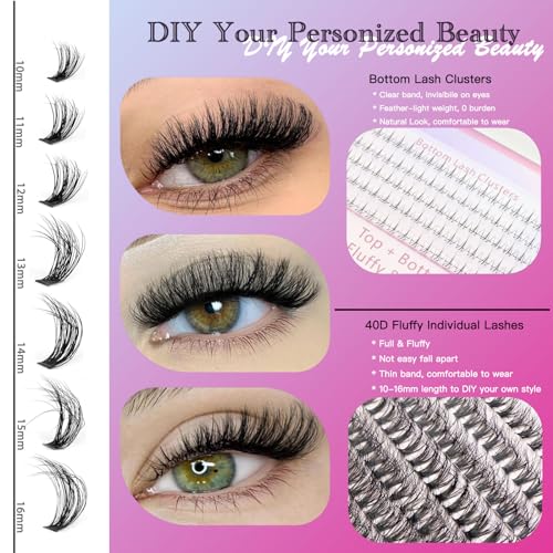 DAODER Natural Lash Clusters Kit with Bottom Lashes 40D Wispy Lash Extensions Kit Fluff Eyelash Extension Kit with Lash Remover 300pcs(40D+Bottom Lash Clusters Kit)