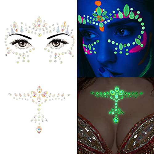 2 Pack Halloween Glow in the Dark Face Jewels Crystal Glitter Stickers, Luminous Tattoo Day of the Dead Gems Jewels Tattoos