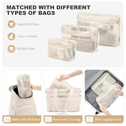 NOL Natural Organic Lifestyle 3-Pack Mesh Travel Toiletry Bags - Clear Zipper Travel Organizer, Airport Carry-On Compliant Reusable Cosmetic Makeup Bag for Women & Men (Cream)