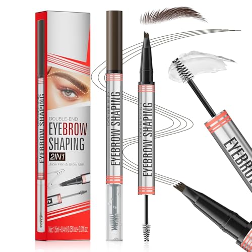 2-in-1 Microblading Eyebrow Pen with 4-Fork Tip Brow Pen + Clear Shaping Brow Gel, Long-Lasting Waterproof Smudge-Proof Eyebrow Pen, Natural-Looking, Dual-Action for Precise Shaping (02# Dark Brown)