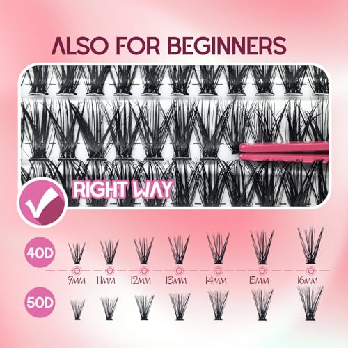 Lash Clusters Kit 280 pcs 9-16mm Volume Hybrid Eyelash Clusters 40D+50D D Curl Individual Lashes DIY Lash Extension Kit Thin Band Cluster Lashes Lash Bond and Seal Tweezers remover
