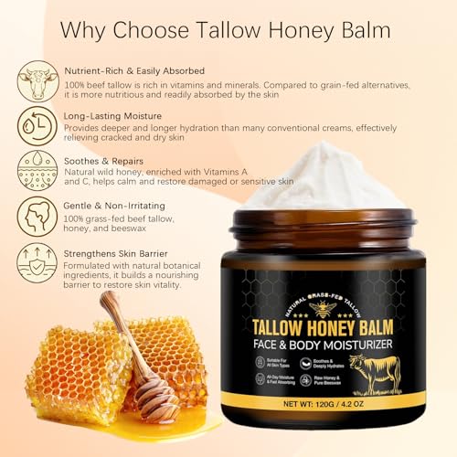 Tallow Honey Balm (4.2 OZ)-Natural Formula with Organic Grass-Fed Beef Tallow & Raw Wild Honey,Moisturizer& Non-Greasy Hydration for Face and Body