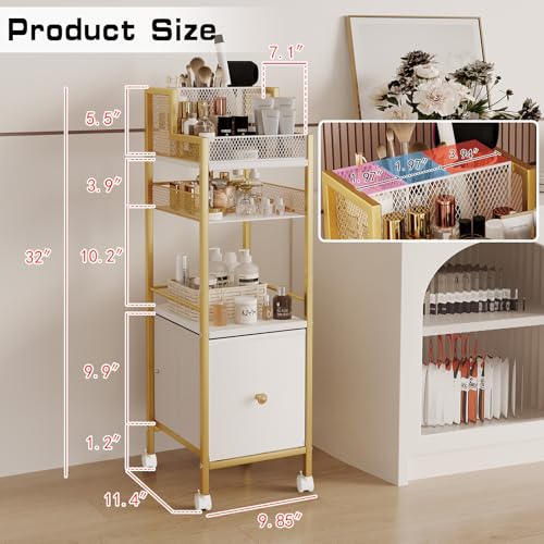 Makeup Organizer Storage Cart with Drawers, Large Floor Makeup Skincare Organizers, Rolling Makeup Cart Vanity Organizer Cosmetics Display Cases Holder for Nail Polish Brush Hair Tool£¨Gold£©