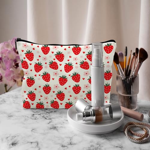 Red Strawberry Makeup Bag Cosmetic Bag, Cute Strawberry Stuff, Strawberry Gifts for Women, Cut Strawberry Small Makeup Bag for Purse (PU)
