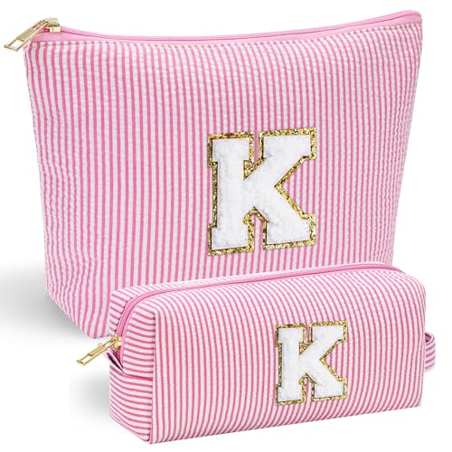 YOOLIFE 3 Pcs Initial Jute Tote Bag & 2 Pcs Initial Makeup Bag Personalized Gifts for Women Teen Girls