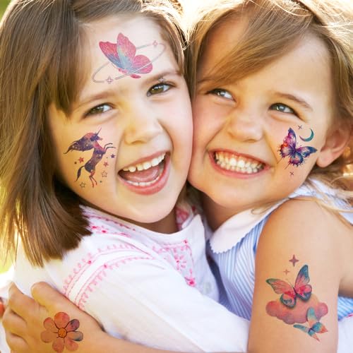 Glitter Tattoos for Girls Women, 12 Sheets Glitter Butterfly Moon Flowers Mermaid Temporary Tattoos for Girls Birthday Party Supplies Gifts Decoration