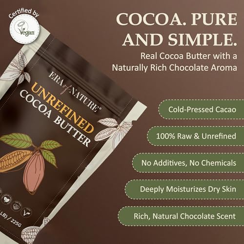 Era of Nature Cocoa Butter Raw ? 100% Pure & Unrefined, Cold-Pressed Cacao ? For DIY Skincare & Haircare ? Deep Hydration for Skin, Hair, Lips ? Stretch Mark & Scar Care ? Natural Chocolate Scent, 8oz