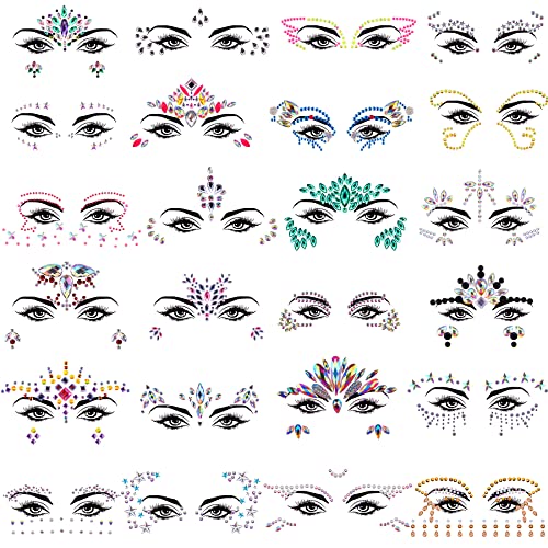 SIQUK 24 Sets Face Jewels Stickers Mermaid Face Gems Rave Face Crystal Rhinestone Face Jewel Gems for Festival Rave Carnival Party