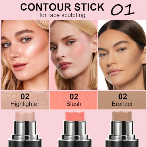 3 Pack Contour Stick Set, Face Shaping & Contouring Stick with Highlighter Blush Bronzer for Sculpt the Cheeks Nose Jawline, Blendable Long Lasting Makeup Stick Trio for Older Women (#2 NEUTRAL)