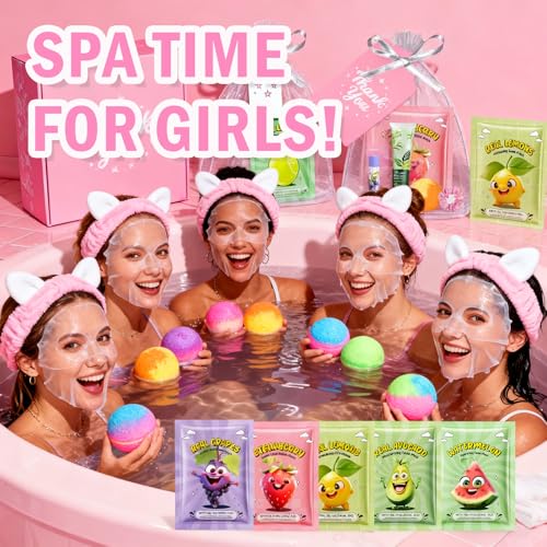 55Pcs Spa Party Supplies for Girls, Birthday Sleepover Party Favors Supplies for Women & Teens, Hand Cream, Lip Balm, Under Eye Patches, Lip Mask Skin Care Spa Kit, Foot Bath Bombs, Mothers Day Gifts