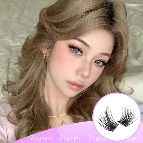 Zegaine Self Adhesive Eyelashes Natural Self Adhesive Lash Clusters Wispy Pre Glued Eyelash Clusters Clear Band C-Curly Pesta?as Postizas Naturales Wispy Glueless Lashes No Glue Needed 10-14MM