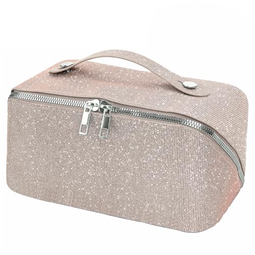 2026 New Makeup Bag, Large Capacity Cosmetic Bag with Sequin Design, Open Flat Travel Toiletry Bag with Divider & Handle-Rose Gold