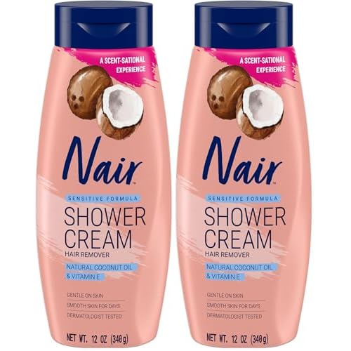 Nair Sensitive Shower Cream Hair Remover with Natural Coconut Oil and Vitamin E, Body Hair Removal Cream, 12 oz (Pack of 2)