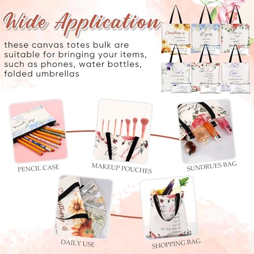 12 Pcs Christian Gift Bible Tote Bags for Women Christian Makeup Bags Bulk Inspirational Religious Floral Canvas Church Bag Reusable Bible Verse Toiletry Pouch for Women Travel Gift