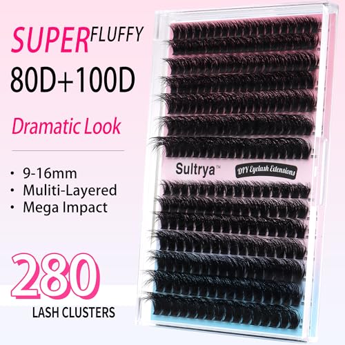 DIY Eyelash Extensions False Eyelashes 280pcs Soft Lash Clusters Volume Lashes Thick Fluffy Individual Cluster Voluminous D Curly Lash Clusters Wispy Fake Mink for Dramatic Look (9-16mm, 80D+100D KIT)