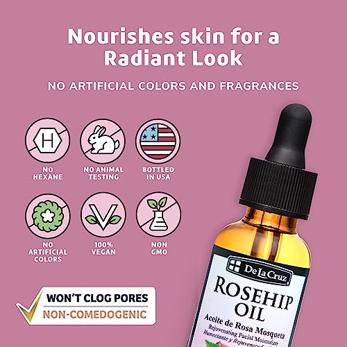 De La Cruz Rosehip Oil, 100% Pure Unrefined Cold-Pressed Chilean Rosehip Seed Oil, Moisturizer To Reduce Fine Lines, Wrinkles 1Fl Oz