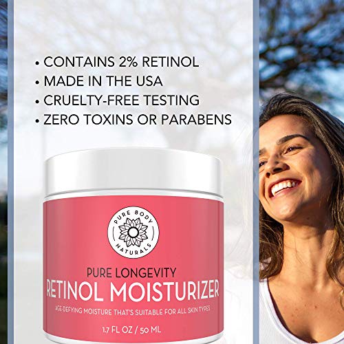 Pure Body Naturals Retinol Moisturizer, 1.7 Ounces - Moisturizing Retinol Cream for Face, Age Defying Eye Cream for Wrinkles and Lines with Hyaluronic Acid, Shea Butter, and Jojoba Oil