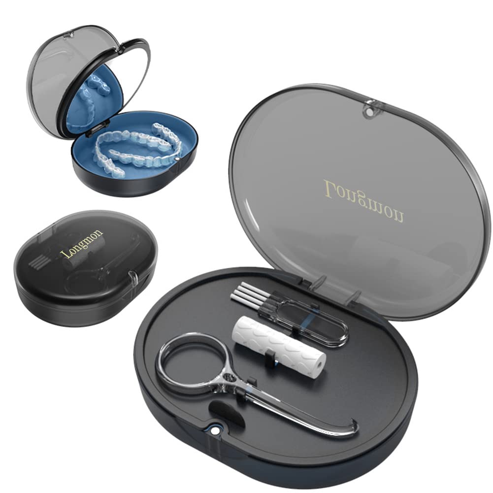 Orthodontic Retainer Storage Case with Cleaning Brush, Mirror & Chewing Tool - Double Layer Design