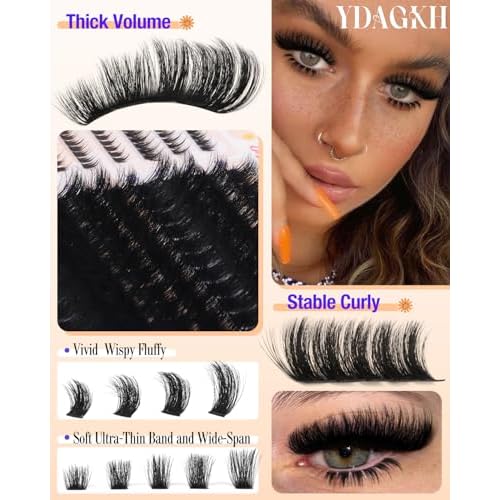 Thick Lash Clusters 300D+400D Volume Eyelash Clusters 12-22mm Long Fluff Cluster Eyelash Extensions Mega Full DIY Salon-look Wispy Lash Extension with Bottom Lashes 5 Styles 220Pcs