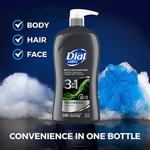 Dial Men 3 in 1 Body, Hair and Face Wash, Recharge, 32 Fl Oz, Cedar Leaf Scent, Cleanses Deep + Gentle on Skin with Clean Rinse Technology (Pack of 2)