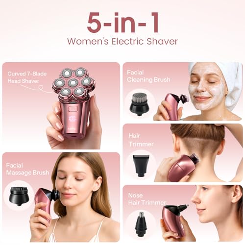 Electric Razors for Women Legs : 5-in-1 Rechargeable Body Shaver, 7D Wet & Dry Bikini Trimmer, IPX7 Waterproof Lady Hair Remover for Face Underarms Pubic, Rose Pink