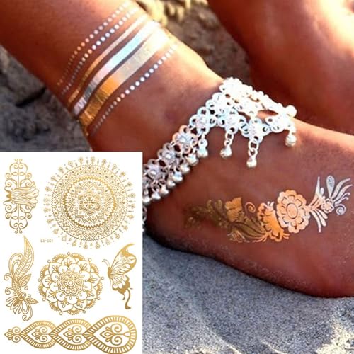 Henna Tattoos, Gold Henna Temporary Tattoos Stickers for Women Wedding Party Festivals, & Parties Decoration Suppliers 6Sheets (gold)