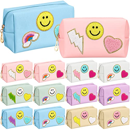 Sanwuta 12 Pcs Preppy Patch Makeup Bag Chenille Letters Cosmetic Bag PU Leather Preppy Organizer Small Smile Heart Toiletry Pouch Portable Waterproof Storage Purse Pouch for Women Adults