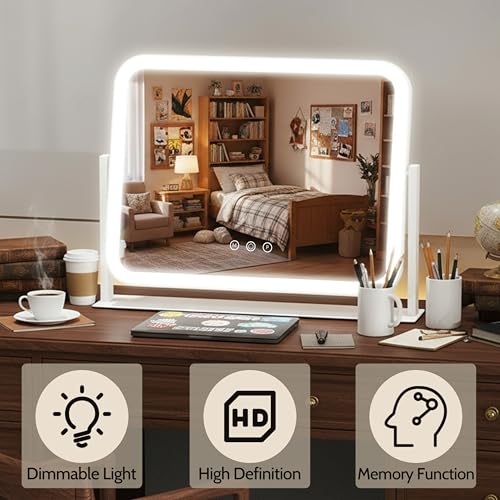 HNV 17"x13" Hollywood Vanity Mirror with Lights, Rounded Makeup Mirror with 10X Magnification, 3 Color Dimmable LED, Smart Touch Control & 360¡Æ Rotation, Shatter-Resistant Tabletop Desk Mirror (White)