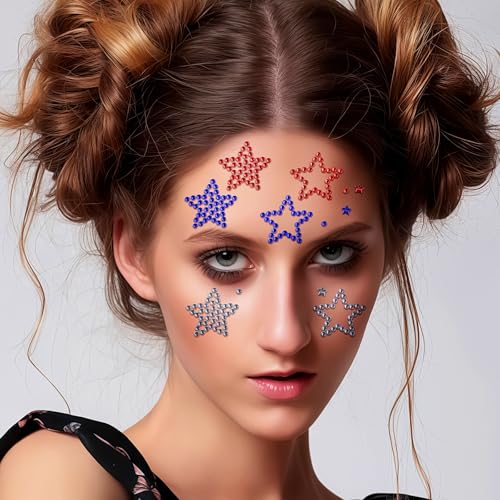 6 Sheets Rhinestone Sticker Self Adhesive Rhinestones Gems for Face Eyes Makeup Hair Body Stick on Rhinestones Stickers for Independent Festival Decal Decor(Red Blue White)