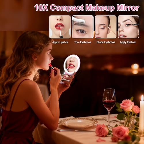 Compact Makeup Mirror with Lights Travel Vanity Mirror with Lights Small Compact Mirror 2x/10x Magnification & LED Lighted, Magnifying Mirror Portable Adjustable Rechargeable, Pink