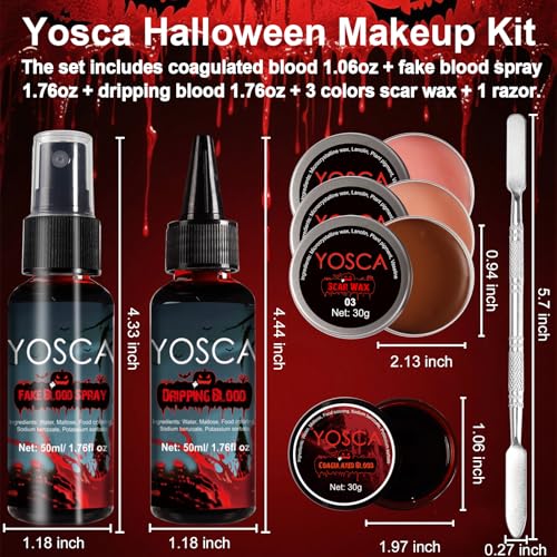 Yosca 6Pcs Halloween Fake Blood Makeup Kit, Realistic Washable Fake Blood Spray, Dripping, Coagulated, Scar Wax for Halloween Face Red Body Paint, Clown Vampire Monster Zombie Scar Makeup Kit
