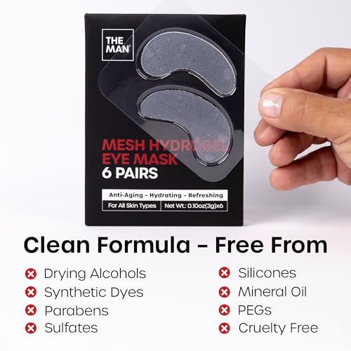 The Man Mesh Hydrogel Under Eye Patches for Men - Cooling, Hydrating & Firming Eye Masks for Dark Circles & Puffiness - Men's Anti-Aging Patches with Hyaluronic Acid, Collagen & Vitamin E. (12 Pairs)