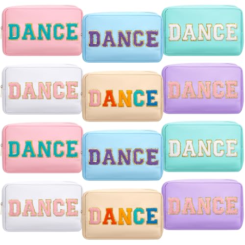 12 Pcs Cosmetic Cheer Bag Bulk with Chenille Letter Patches Gifts Nylon Makeup Bag Portable Toiletry Zipper Pouch for Cheerleader Women Travel Accessories(Novel Colors,Dance)