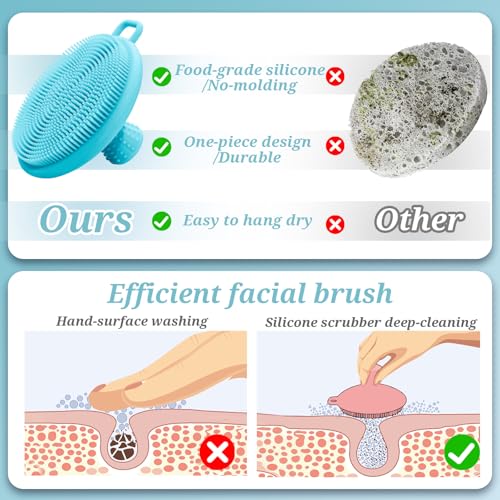 Adjustable Silicone Back & Face Scrubber Set, 16''-24'' Extendable Shower Back Scrubber with Dual-Side Head and Lathering Bristles, Manual Face Scrubber with Soft Bristles Non-Slip Handle(Blue)