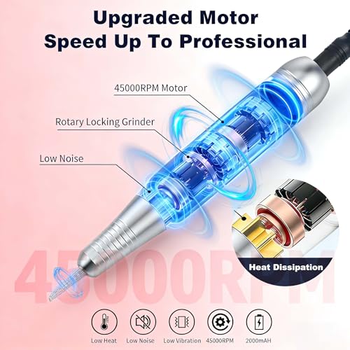 Nail Drill Machine 45000RPM, Professional Nail Drill Rechargeable, Low Noise Gel Drill Kit with 6 Drill Bits & Sanding Bands, Nail Electric File for Shaping, Polishing & Removing at Salon & Home
