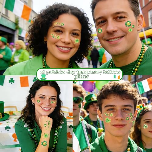 88pcs St Patricks Day Temporary Tattoos Glitter Shamrock Face Tattoos Clover Body Stickers for Irish Party Favors Parades Accessories Saint Patricks Day Decorations(face88)