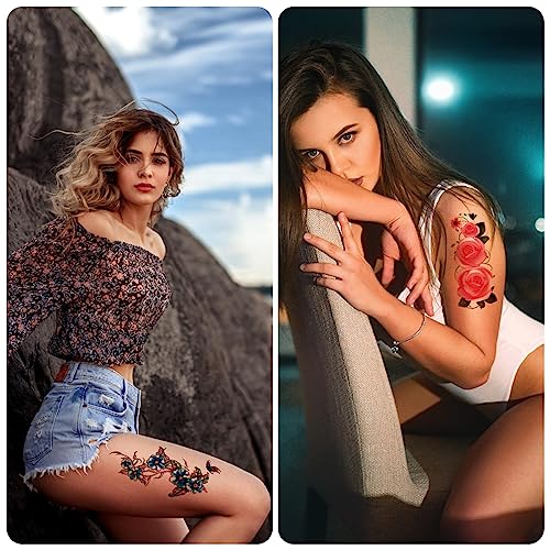 21 Sheets Sexy Flower Temporary Tattoos for Women, Waterproof 3D Bright Flora Tattoo Stickers for Girls, Rose, Peach Blossom, Chrysanthemum Various Tattoo Flower Temporary Fake Tattoos