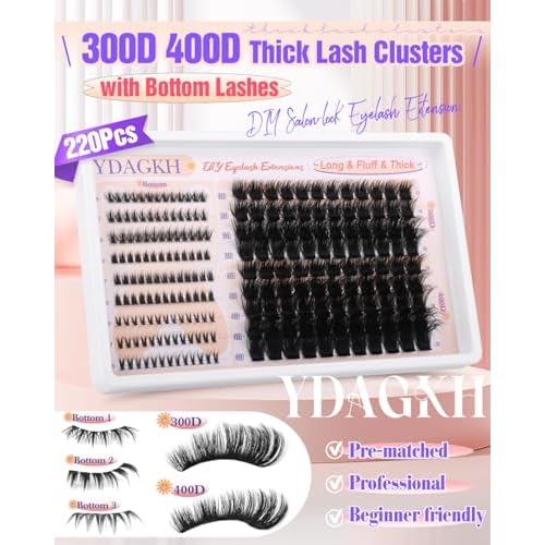 Thick Lash Clusters 300D+400D Volume Eyelash Clusters 12-22mm Long Fluff Cluster Eyelash Extensions Mega Full DIY Salon-look Wispy Lash Extension with Bottom Lashes 5 Styles 220Pcs