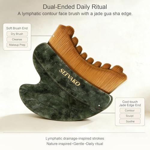 Lymphatic Contour Face Brush, Dual-Ended Dry Brush + Cool-Touch Jade Gua Sha Edge, 0.075mm Ultra-Soft Bristles Gua Sha Facial Tools, for Lymphatic Drainage, Less Puffy Look, Sculpt & Relax
