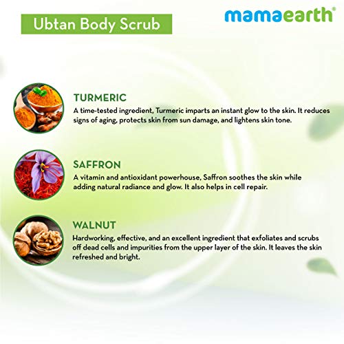 MAMAEARTH Ubtan De Tan Body Scrub | Removes Tanning with Saffron & Turmeric | Gently Exfoliates Dead Skin & Gives Glowing Skin | Suits All Skin Types | 7.05 Oz/200 g