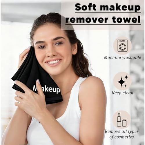24 Pack Makeup Remover Towels Cotton Cosmetic 13x13 Inch Facial Cleansing Makeup Towels Soft Washcloths with Mesh Bag for All Skin Types Care Black