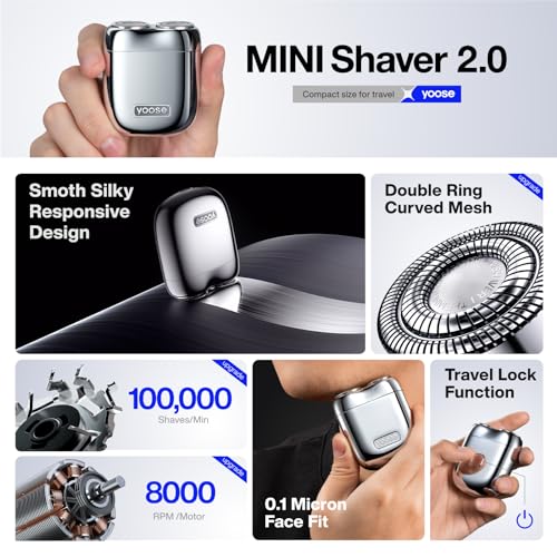 yoose Alloy Mini Shaver, Portable Electric Razor for Men, Waterproof, Dry Shave, Cordless 60 Mins Runtime, USB-C Rechargeable, Easy Cleaning Magnetic Detachable Head, Travel Shaver with Case, Silver