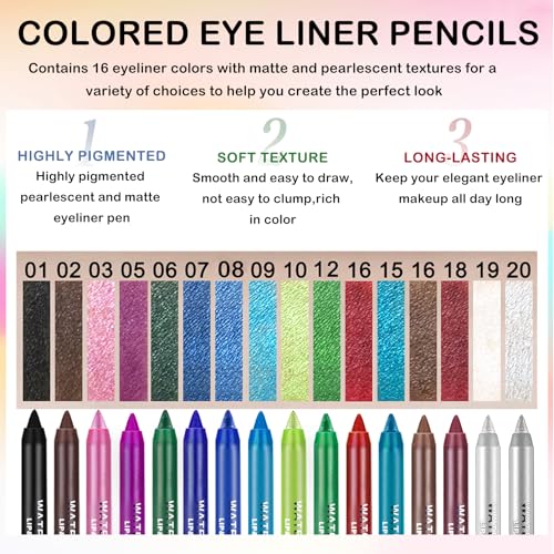16 Colored Eye Liner Pencils for Women,Purple Green Blue Metallic Eyeliner Pen Set,delineador de ojos contra el agua,Multi-Function and Professional Pencil Eyeliner Makeup
