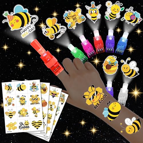 72 PCS Bee Party Favors ? 48 PCS Luminous Tattoos & 24 PCS LED Finger Lights Combo ? Birthday Goodie Bag Fillers, Party Supplies, Gifts Light Up Toys Glow In The Dark for Boys and Girls
