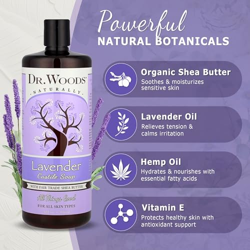 Dr. Woods Lavender Liquid Castile Soap - Castile Soap with Pure Lavender Oil, Body Wash for Men and Women, Organic Shea Butter, Natural Cleaner for Face, Hands, and Body - 32 Fl Oz, Pack of 3